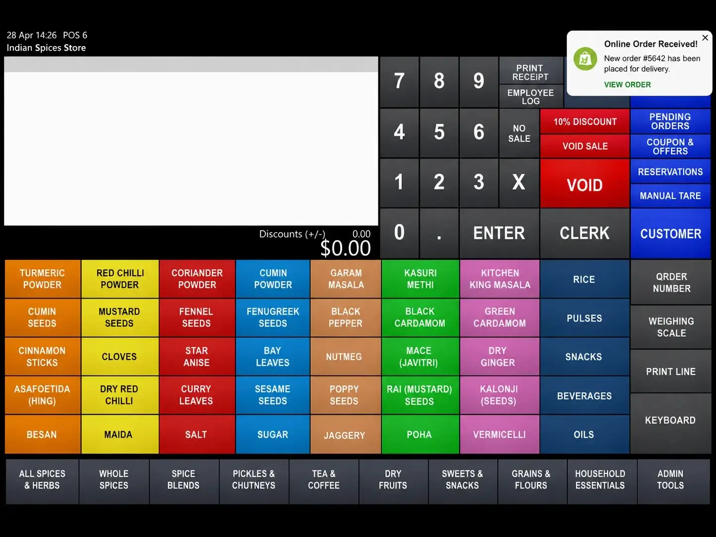The IdealPOS till screen with a notification reading: Online Order Received — new order #5642 has been placed for delivery