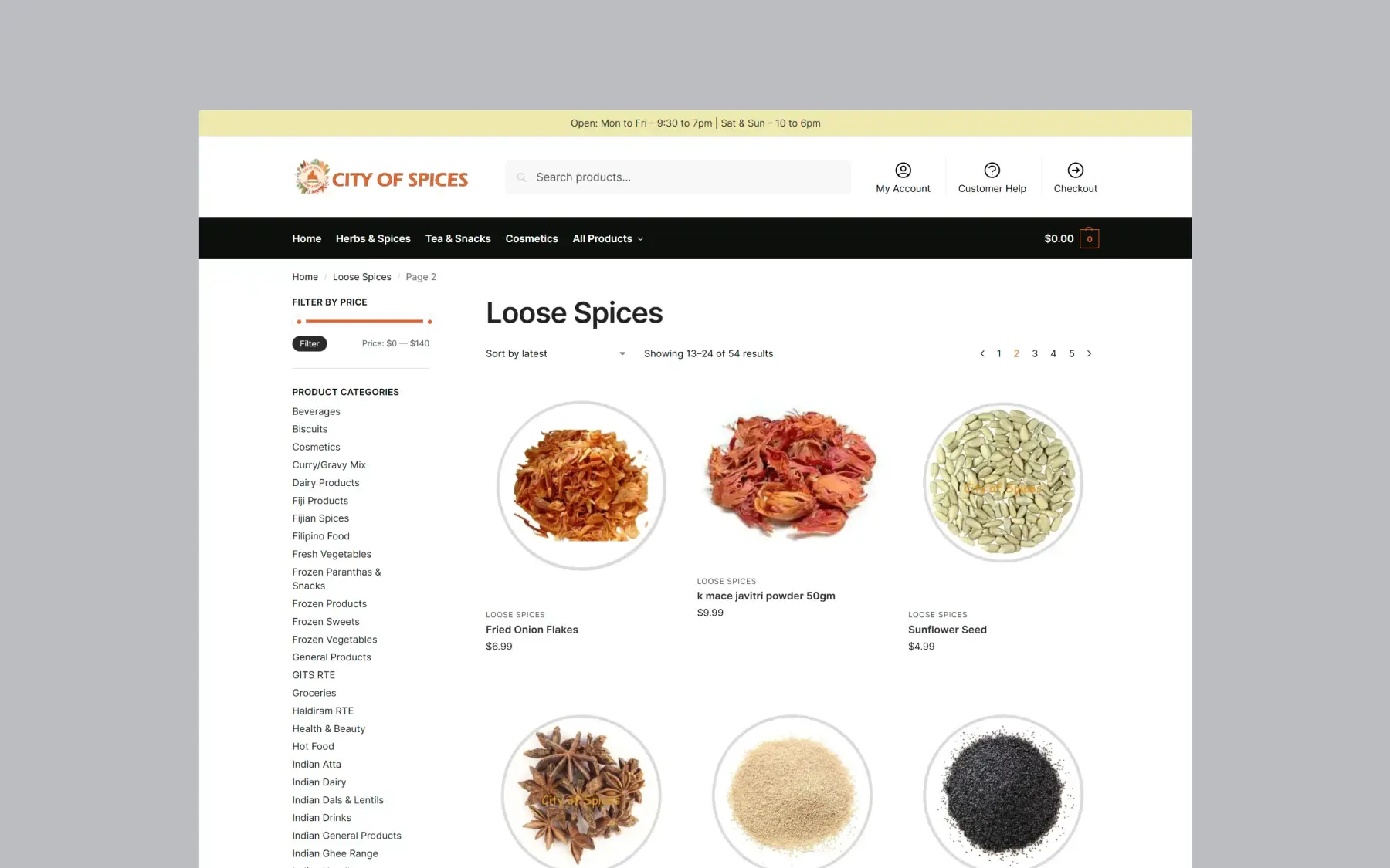 The Loose Spices category page, with a product category list and price filter down the left and priced products in a grid